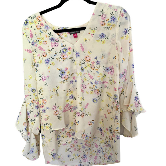 Vince Camuto Tops - Vince Camuto Blouse, Flutter Sleeves, Layered Front, Floral Pastel Colors Med